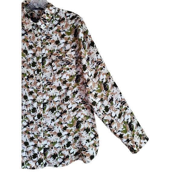 JONES NEW YORK L Shirt Button Up Long Roll Tab Sleeve Green Beige Satiny Bust 42 - Picture 4 of 8